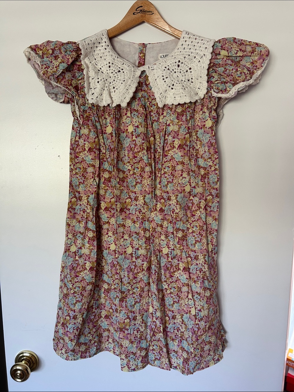 Louise Misha Floral Puff-Sleeve Dress with Crochet Collar size 10